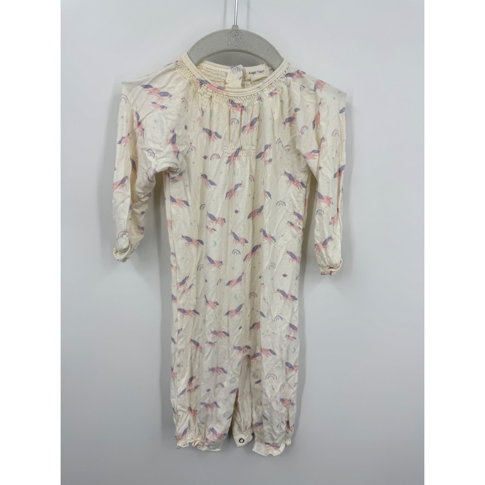 Angel Dear Unicorn Rainbow Romper 6-12M Cream Bamboo Viscose Smocked Long Sleeve